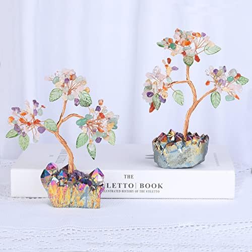mookaitedecor Healing Crystal Colorful Money Tree with Rainbow Titanium Quartz Cluster Base Feng Shui Tree Home Office Table Decoration for Wealth and Luck