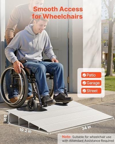 VEVOR Door Threshold Ramp 4‘’ Rise Aluminum Alloy Threshold Ramp Rated 800 lbs Load Capacity, Handicap Ramps for Home Steps for Wheelchair, Scooters, Power Chairs, Walkers, Bicycle, Tricycle