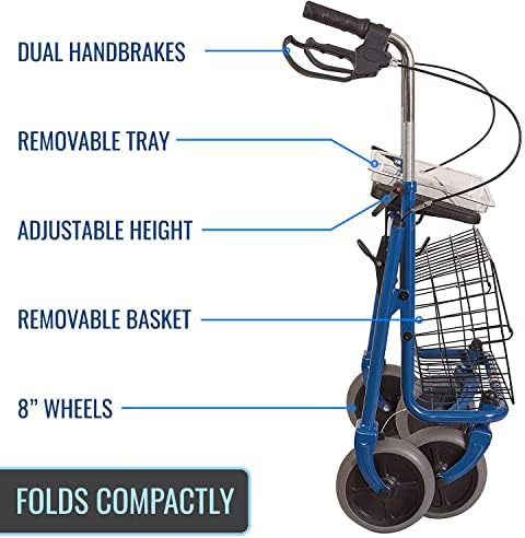 DMI Steel Rollator Walker with Padded Seat, Adjustable Handle Height, Removable Storage Basket, FSA and HSA Eligible, Handbrakes, Blue