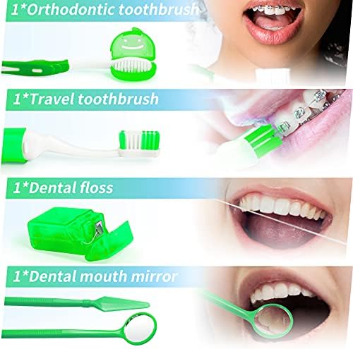 Annhua 8 Pcs Orthodontic Care Kit for Braces, Portable Braces Kit Cleaning Tools Tooth Pick Hygiene Set with Interdental Brush, Ortho Wax, Floss, Oral Mirror Included - Green