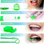 Annhua 8 Pcs Orthodontic Care Kit for Braces, Portable Braces Kit Cleaning Tools Tooth Pick Hygiene Set with Interdental Brush, Ortho Wax, Floss, Oral Mirror Included - Green