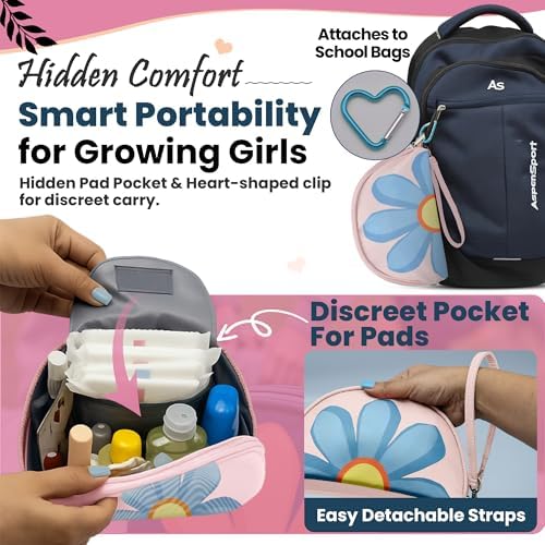The Bloom First Period Kit for Girls 9-12, Cute Sanitary Napkin Storage Bag Gifts, Tween Period Starter Kit, Portable Waterproof Emergency Sanitary Pad Pouch for Active Girls - 16 PC, (Pink)