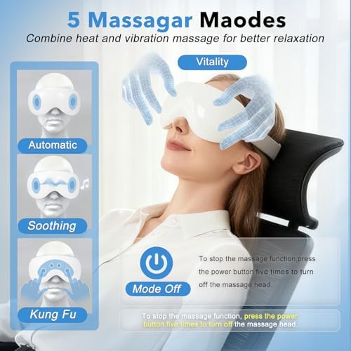 Eye Massager with Heat and Cooling for Migraines – 14 Massage Nodes for Eye Strain Relief, Rechargeable Bluetooth Music, Improve Sleep,Eye Strain Relief, Birthday Gifts for Women and Men(White)