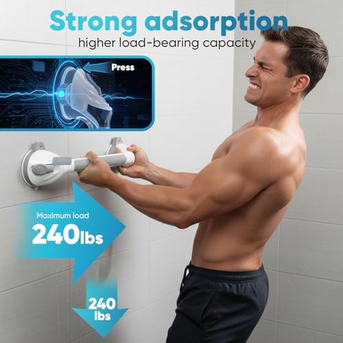 16.5 Inch Shower Grab Bars for Bathtubs, Suction Cup Grab Bar with Safety Indicators, Non-Slip Bathroom Support for Seniors & Elderly, Removable Tool-Free Installation, Portable Balance Handle, 2 Pack