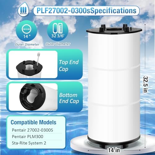 Rui Cheng 27002-0300S Pool Fliter Cartridges, Compatible with Sta-Rite 27002-0300S, Replacement for PLM300 Pool and Spa D.E. Filter, System 2 Modular Media, 300 sq.ft, 2 Air Release Assemblies
