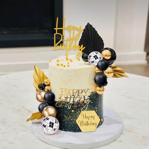 37Pcs Gold Black Balls Cake Topper Man Cake Decorations with Disco Balls Palm Leaves Acrylic Numbers 0-9 and Happy Birthday Cake Topper for Men Boy Black Theme Birthday Baby Shower Party Supplies