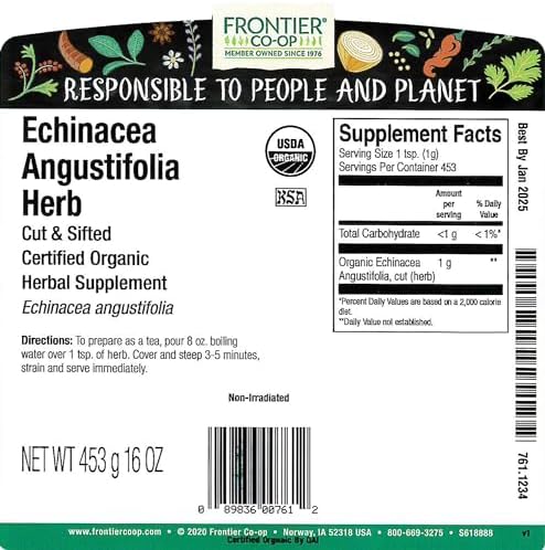 Frontier Co-op Organic Echinacea Angustifolia Herb, 1lb Bulk Bag - Cut and Sifted, Dried - Ideal for Echinacea Root Tea and Herbal Uses, Kosher