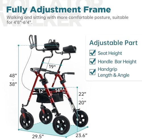 ELENKER All-Terrain Upright Rollator Walker, Stand Up Rolling Walker with 10’’Big PU Wheels and Adjustable Padded Armrests for Seniors from 4’8”to 6'4”, Red