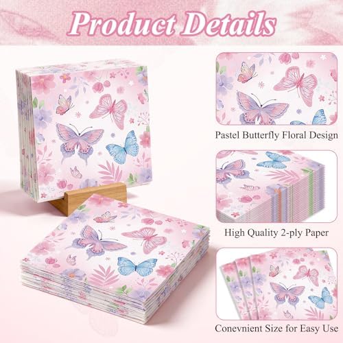 40 Pack Butterfly Party Paper Napkins – 13 x 13 Inches Disposable Pink Floral Butterfly Luncheon Cocktail Napkin Party Supplies for Girls’ Birthday, Spring Celebrations, and Garden-Themed Parties