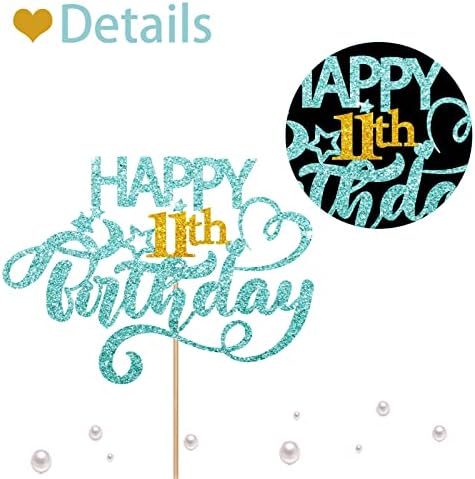 Sky Blue Glitter Happy 11th Birthday Cake Topper, Eleven Years Old Birthday Party Cake Decor, Gold Number 11 Birthday Party Supplies Decorations for Teen Girl or Boy