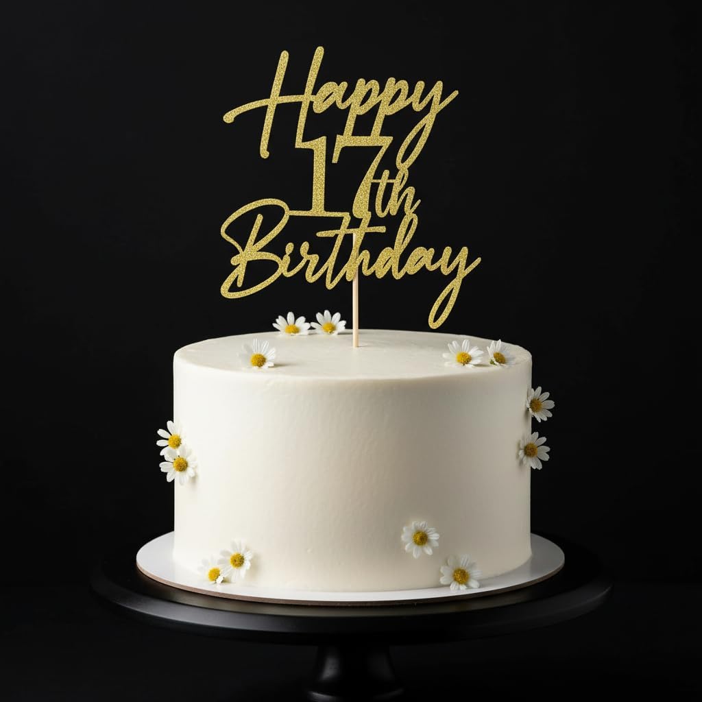 Happy 17th Birthday Cake Topper - Gold Glitter Cheers to 17th Years | Fabulous Cake Decoration for 17-Year-Old Party Supplies (17th)