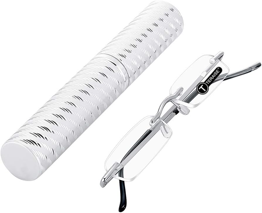 TERAISE Upgrade Lightweight Reading Glasses Frameless Readers clear lens for Men and Women w/Pen Clip Tube Case