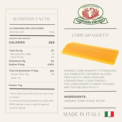 Rustichella d'Abruzzo Organic Corn Spaghetti (Pack of 4), 250g Each - Gluten-Free Pasta - Delicious Corn Flavor - Perfect for Creative Dishes