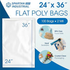 24" X 36" Open-End Flat Poly Bags (100 Count) No Adhesive Strip - 2 Mil Clear Bags for Packaging, Shipping, Storage - Spartan Industrial