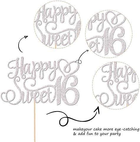 1 PCS Happy Sweet 16 Cake Topper Glitter 16th Birthday Cake Pick Cheers to 16 Years Sweet 16 Cake Decoration for Happy 16th Anniversary Party Decorations Supplies Silver