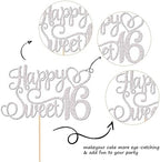 1 PCS Happy Sweet 16 Cake Topper Glitter 16th Birthday Cake Pick Cheers to 16 Years Sweet 16 Cake Decoration for Happy 16th Anniversary Party Decorations Supplies Silver