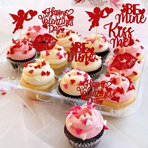 Rsstarxi 30 Pack Happy Valentine's Day Cupcake Toppers Glitter Cupid Love Heart Lip Kiss Me Be Mine Cupcake Picks for Valentine's Day Theme Wedding Party Cake Decorations Supplies Red