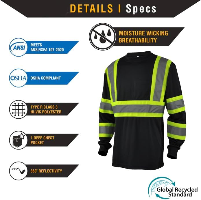 L&M Hi Vis Class 3 T Shirt Reflective Safety Black Short Long Sleeve HIGH Visibility 39 55
