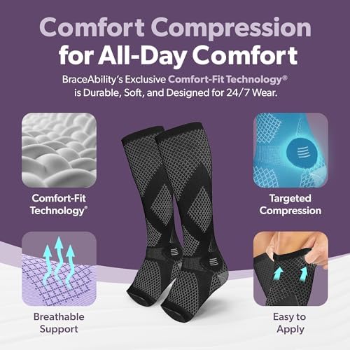 BraceAbility Compression Socks for Circulation - 20-30 mmHg Knee High Neuropathy Open Toe Stockings Best for Varicose Veins, Restless Leg, POTS, Toeless Support for Men or Women - 1 Pair (L - Black)