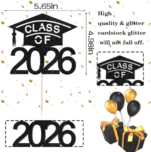 Class of 2026 Cake Topper, 2025 Graduation Party,Congrats Grad Cake Decorations, Congratulations High School/College/University Graduate Celebration Party Supplies (Black)