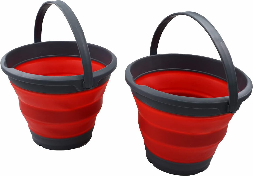 SAMMART 5.5L (1.4 Gallon) Collapsible Plastic Bucket - Foldable Round Tub - Portable Fishing Water Pail - Space Saving Outdoor Waterpot (Grey/Crimson (Set of 2))