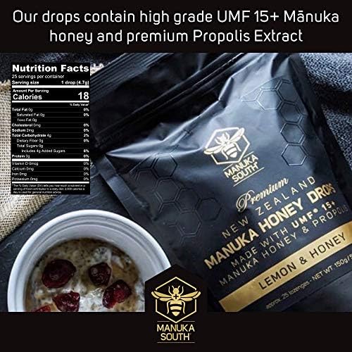 Manuka Honey Drops UMF 15+ / MGO 514+ & Propolis Drops Made in New Zealand – Natural Ingredients – Soothing Drops – Lemon & Honey Flavor - 25 Drops