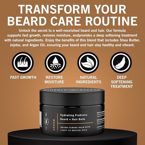stubble & stache Groom – Beard Balm for Men | Light to Medium Hold with Aloe, Broccoli Seed, and Shea Butter | Fragrance-Free Styling + Conditioning for Facial Hair