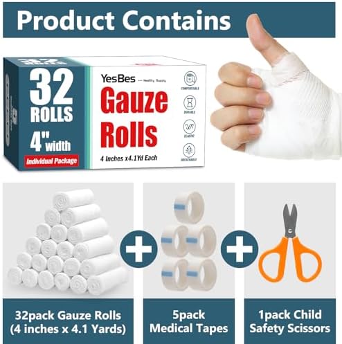 YesBes 32 Pack Gauze Rolls, 4 in x 4.1 Yards, Premium Gauze Wrap Roll for Wounds, Bandage Wrap Rolled Gauzes, Mummy Wraps, Individually Wrapped