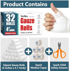 YesBes 32 Pack Gauze Rolls, 4 in x 4.1 Yards, Premium Gauze Wrap Roll for Wounds, Bandage Wrap Rolled Gauzes, Mummy Wraps, Individually Wrapped