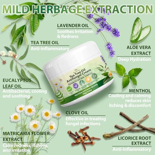 Antifungal Cream with Tea Tree Oil – Advanced Herbal Relief for Skin Fungus, Jock Itch, Eczema, Athlete's Foot, Tinea Versicolor, Natural Treatment – 100g