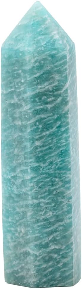 Angelstones Natural Blue Amazonite Gemstone Healing Crystal Hexagonal Pointed Reiki Chakra Faceted Prism Wand Carved Stone Figurine Home Decor