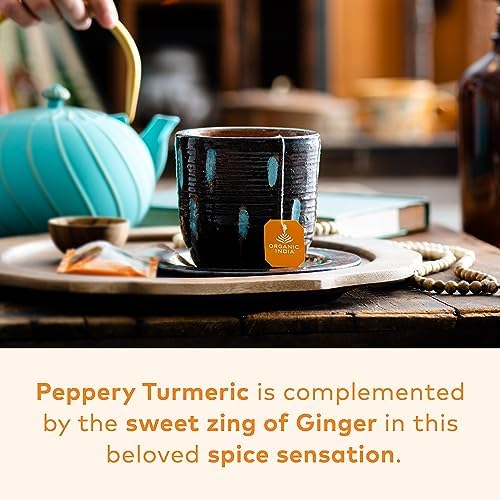 ORGANIC INDIA Tulsi Turmeric Ginger Tea Bags - Herbal Tea, Stress Relieving & Harmonizing, Immune Support, Healthy Inflammatory Response, Aids Digestion, Caffeine-Free - 18 Infusion Bags, 1 Pack