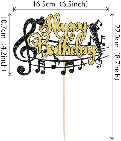 1 PCS Music Happy Birthday Cake Topper Black Gold Glitter Musical Symbol Note Microphone Music Lover Birthday Cake Pick for Concert Singer Theme Party Cake Decoration Supplies