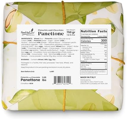 Italian Pistachio and Chocolate Panettone, Pack of 1 - Artisan Holiday Bread, Festive Dessert, Premium Gift, Traditional Baked Loaf, 750g (1.65 lb) x 1