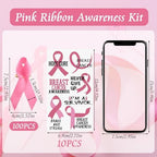 WANDIC Pink Ribbon Awareness Kit, 100PCS Ribbon Pins 10 Sheets Temporary Tattoo for Breast Cancer for Public Benefit Activities