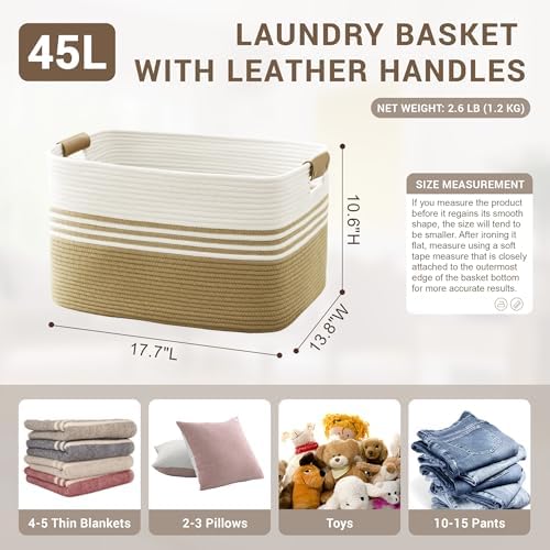45L Small Laundry Basket with Leather Handles for Living Room Storage, Woven Rope Baskets Bin for Blanket, Kids Toy, Gifts, Wicker Hamper for Bedroom Dirty Clothes, 18"x14"x11" Khaki