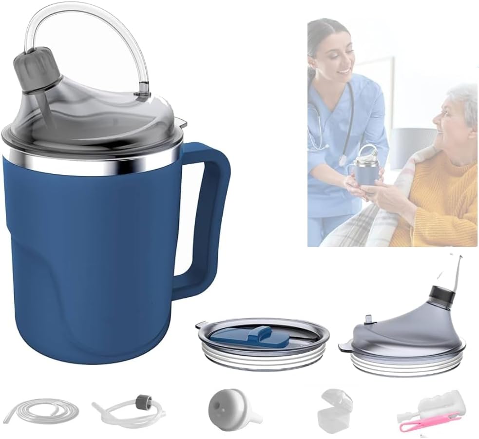13.5oz Spill Proof Cups for Elderly, 3 in 1 Stainless Steel Sippy Cup with Straw and 2 Lids for Adults, Great for Water, Milk, Soup, Health & Household Supplies