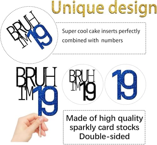 Bruh I'm 19 Cake Topper - Bro I'm 19, Happy Sweet 19 Ornament for Boys' 19th Birthday Party Supplies (blue 19)