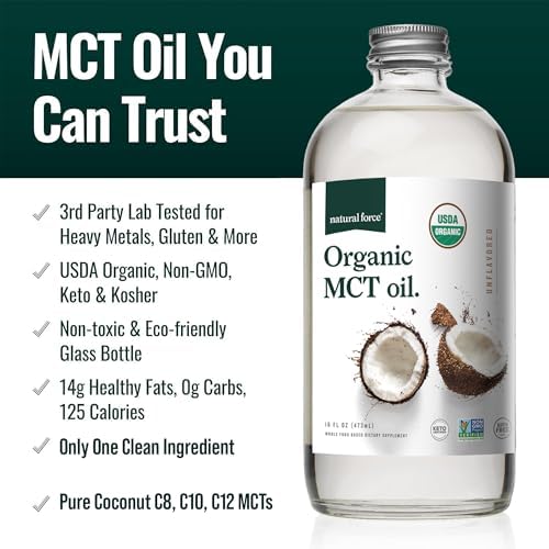 Natural Force Organic MCT Oil – Pure Glass Bottle – Made from 100% Virgin Coconut Oil + Certified Keto, Paleo, Kosher, Vegan & Non-GMO – Lab Tested for Quality and Purity - 32 Ounce