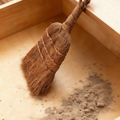 Mini Dustpan and Brush Set, Palm Fiber Handheld Small Broom and Metal Dustpan Combination (Small Broom)