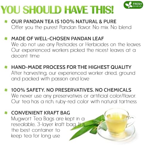 FreshDrinkUS, Premium 15 Pandan Leaf Tea Bags, 100% Natural & Pure from Pandan Leaves. Loose Leaf Pandan Herbal Tea. Made with Natural Material Tea Bags. No Sugar, No Caffeine, No Gluten, Vegan. (15 Tea bags)