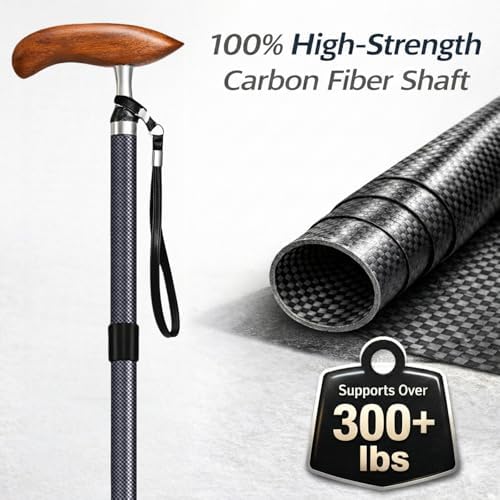Carbon Fiber Folding Walking Cane for Men & Women, Lightweight Adjustable Travel Cane with Solid Wood Handle, Quad Tip & Carry Bag, Supports up to 300 lbs