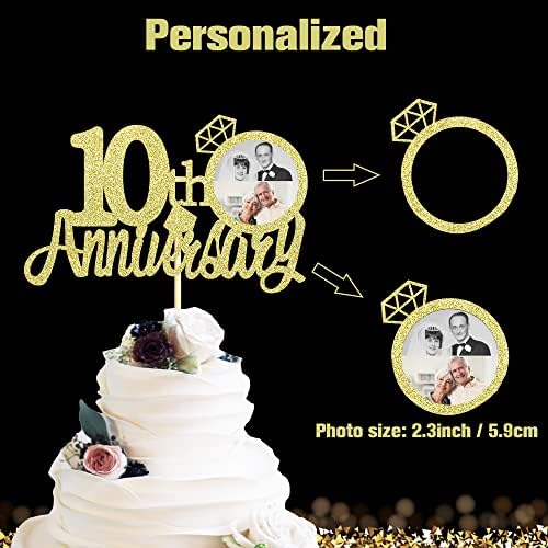 Sumerk 13 PCS Gold Glitter 10th Anniversary Cake Topper Happy 10th Anniversary Wedding Anniversary Cake Decorations