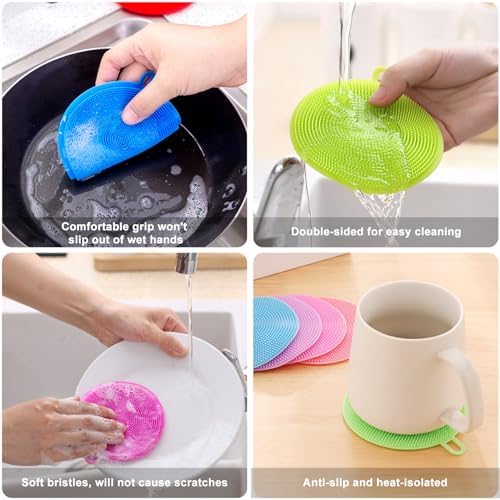 Silicone Dish Scrubber, 12 Pack Silicone Sponge Dish Brush Food Grade BPA Free Reusable Rubber Sponges Dishwasher Safe and Dry Fast for Kitchen Dish Dishes Fruits Vegetables Washing and Cleaning