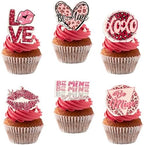 Gyufise 48Pcs Edible Valentine's Day Heart Love Cupcake Toppers Wafer Paper Leopard Be Mine Lipstick XOXO Cupcake Picks Decorations for Valentine's Day Birthday Anniversary Party Supplies