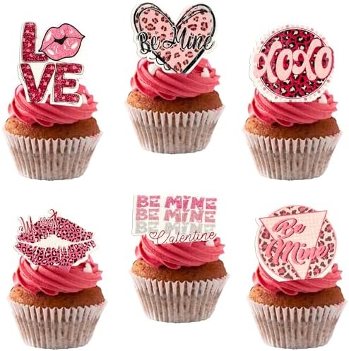 Gyufise 48Pcs Edible Valentine's Day Heart Love Cupcake Toppers Wafer Paper Leopard Be Mine Lipstick XOXO Cupcake Picks Decorations for Valentine's Day Birthday Anniversary Party Supplies