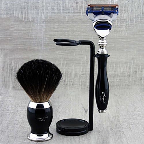 Haryali London 3 Pc Mens Shaving Kit 5 Edge Razor With Black Badger Hair Shaving Brush and Stand Perfect Set For Men