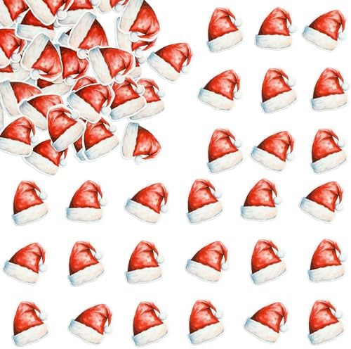 Gyufise 48Pcs Edible Merry Christmas Cupcake Toppers Edible Wafer Paper Christmas Santa Hat Cake Topper Women Men Birthday Party Anniversary Party Decorations Supplies Red White