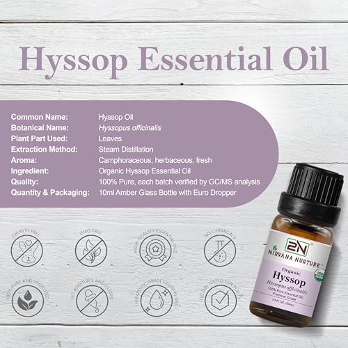 Hyssop Essential Oil, USDA Certified Organic, 100% Pure Undiluted, Aromatherapy Oil for Diffuser, Hair & Skin Care