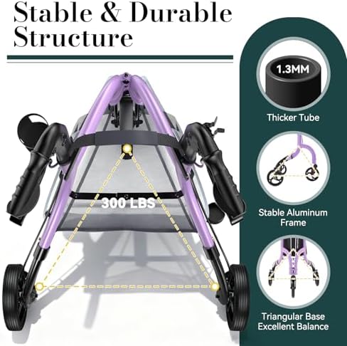 3 Wheel Walkers for Seniors, Lightweight Rollator Walkers Foldable for Elderly with Cane Hold and Cup Hold, Height Adjustable Aluminum Three Wheel Rolling Walker Mobility Aid, Purple